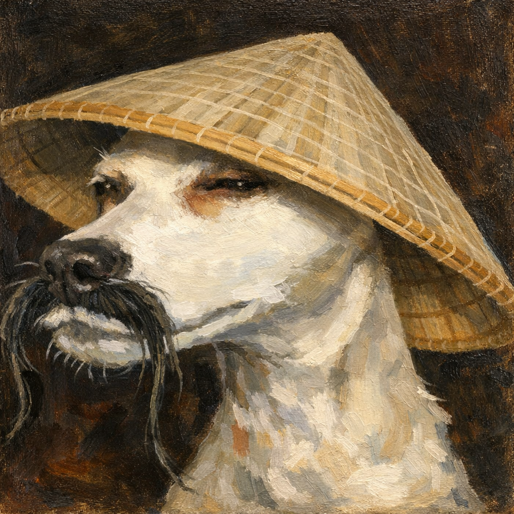 MEME T-Shirt — Dog Portrait with Asian Straw Hat and Chinese Characters