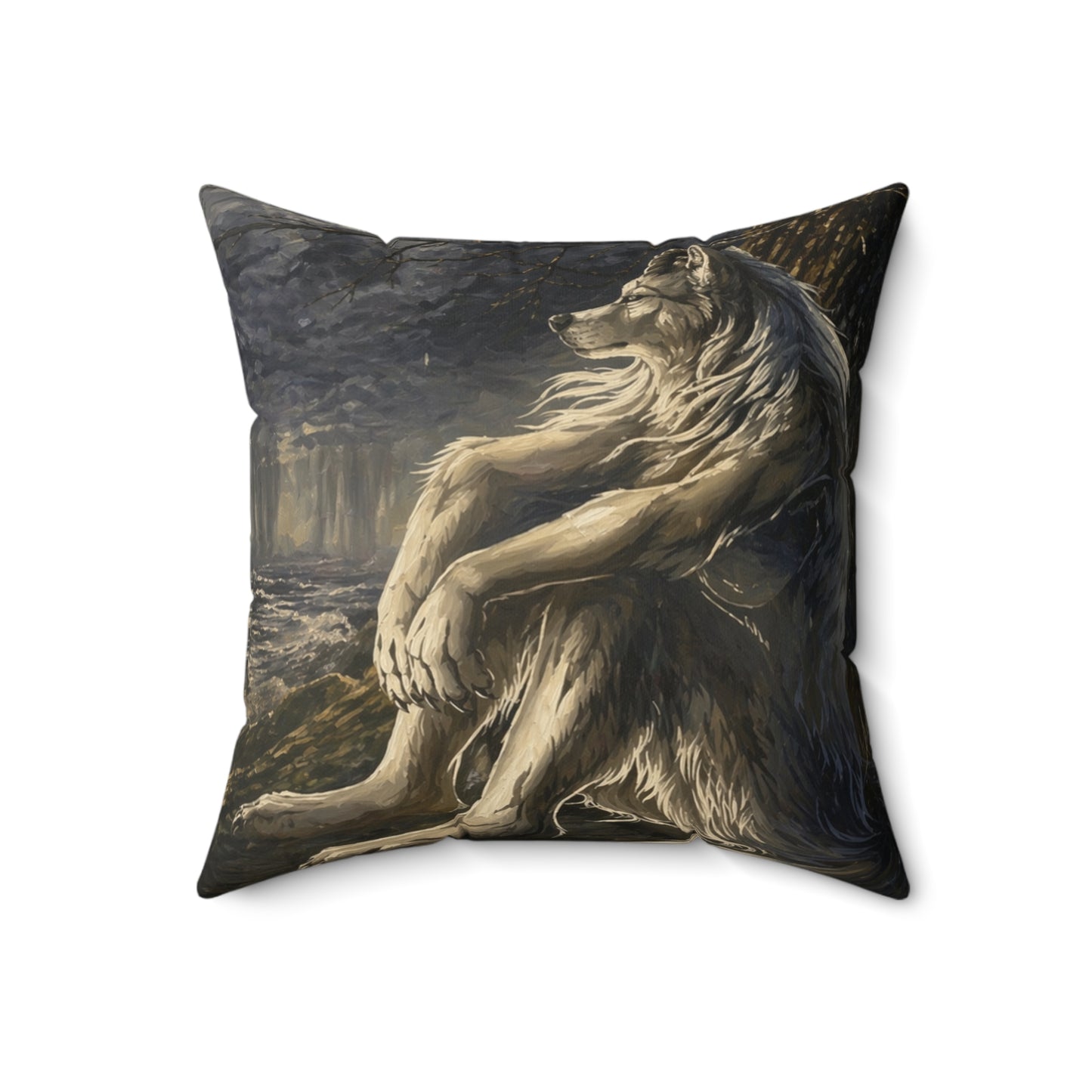 Wolf Meditation Throw Pillow — Mythic Lion Art Decorative Cushion for Living Room, Gift for Animal Lovers