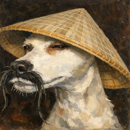 MEME T-Shirt — Dog Portrait with Asian Straw Hat and Chinese Characters