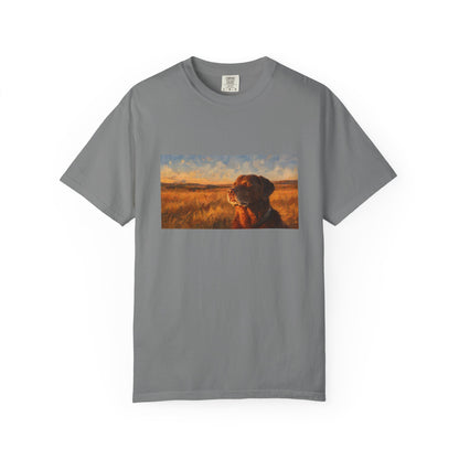 Sunset Retriever MEME T-Shirt — Dog Portrait Tee for Outdoor & Pet Lovers