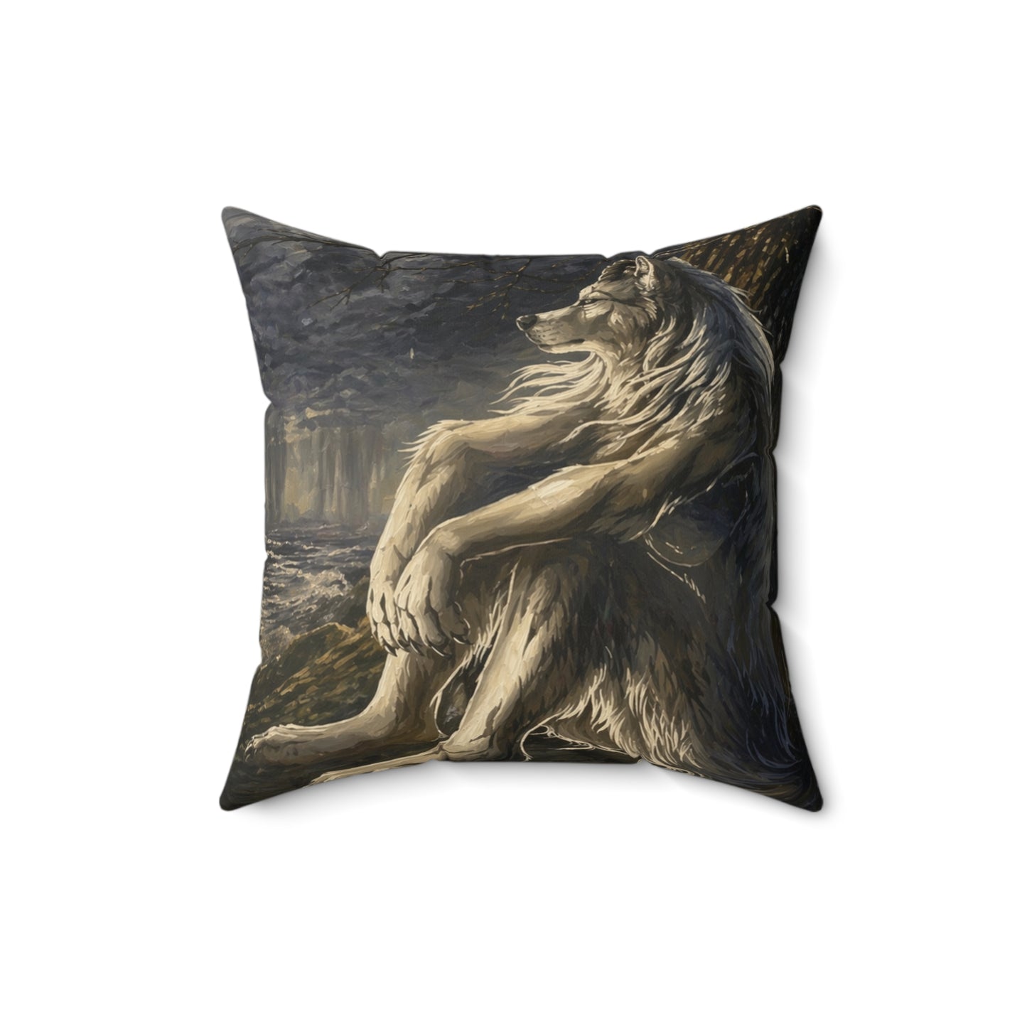 Wolf Meditation Throw Pillow — Mythic Lion Art Decorative Cushion for Living Room, Gift for Animal Lovers