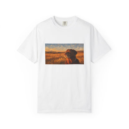 Sunset Retriever MEME T-Shirt — Dog Portrait Tee for Outdoor & Pet Lovers