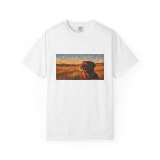 Sunset Retriever MEME T-Shirt — Dog Portrait Tee for Outdoor & Pet Lovers